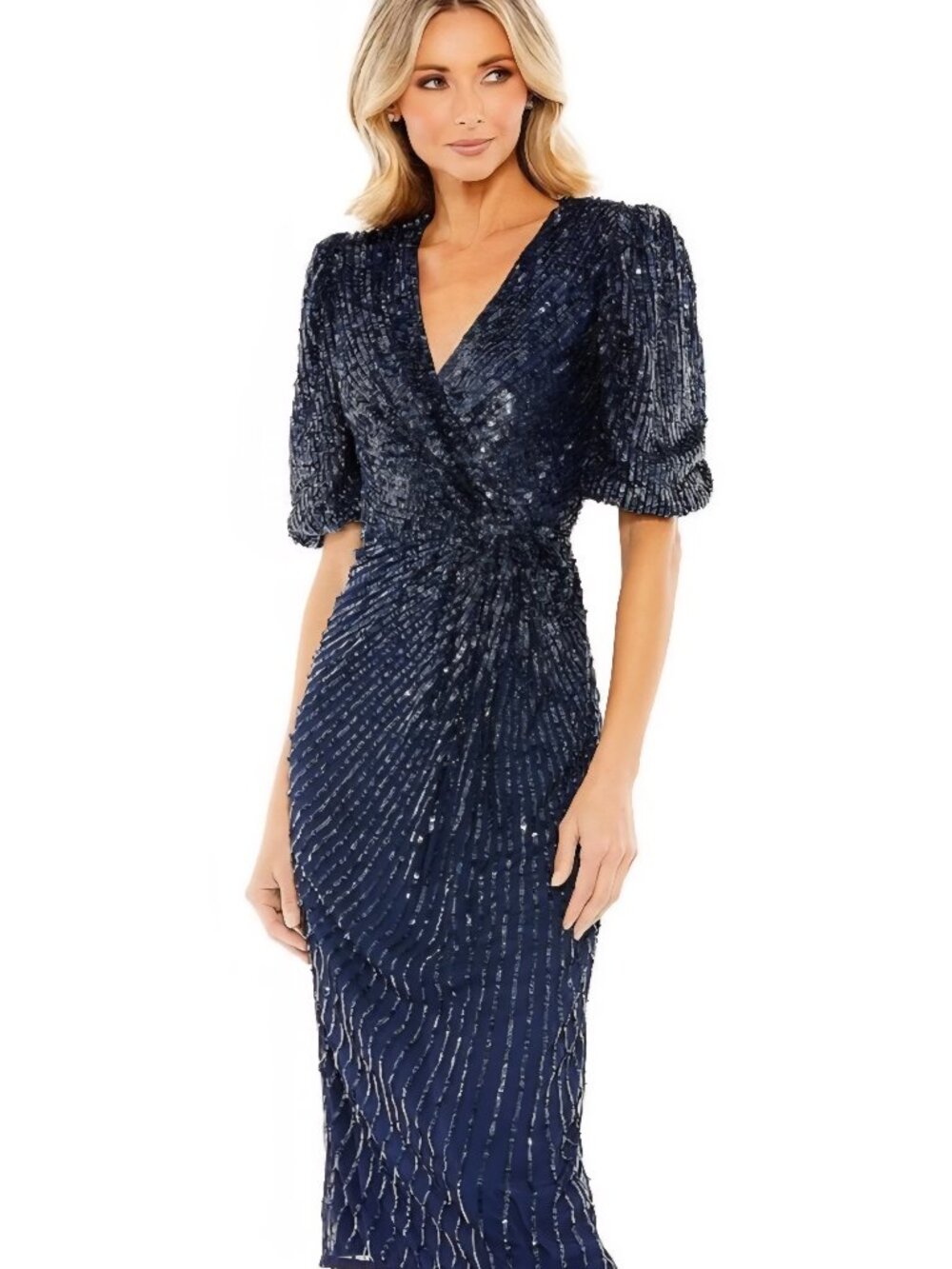 Mac Duggal 5578 Puff Sleeve Sequin Cocktail Dress Midi Midnight Navy size 2